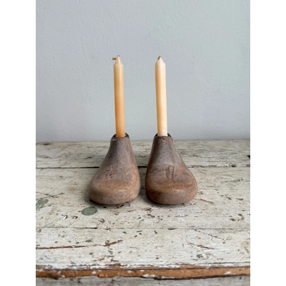 Vintage Wooden Child Shoe Last Candle Holders Cobbler Form Set Morton 150 4.5D